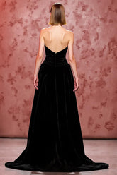 Samt Einfaches Schwarzes Langes Trägerloses Abendkleid mit Schlitz